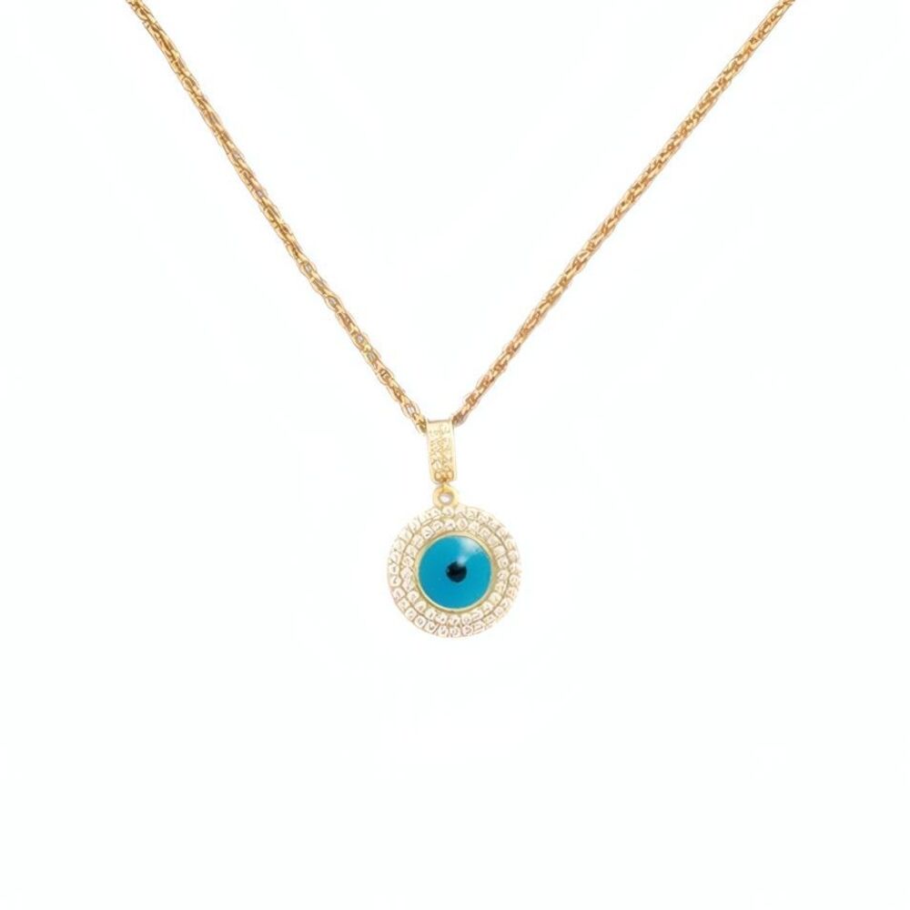 14K Gold Plated Round Evil Eye Necklace Turquoise Mother of Pearl CZ for Women